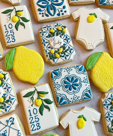 When life gives you an Amalfi-inspired baby shower order, make lemon (cookies)! La Dolce Vita 🍋 Loved working on this set…this theme has… | Instagram Amalfi Coast Theme Cake, Lemon Themed Cookies, Amalfi Coast Cookies, Amalfi Cookies, Italy Theme Baby Shower Ideas, Limoncello Baby Shower Theme, Italian Lemon Baby Shower Theme, Lemon Shower Theme, Italy Baby Shower Theme