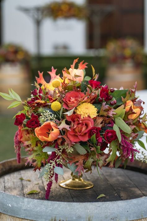 Burgundy And Orange Centerpieces, Fall Wildflower Centerpieces, Fall Floral Arrangements Wedding, Fall Flower Arrangements Centerpieces, Thanksgiving Flower Centerpieces, Oktoberfest Wedding, Thanksgiving Floral Arrangements, Orange Centerpieces, Apple Orchard Wedding