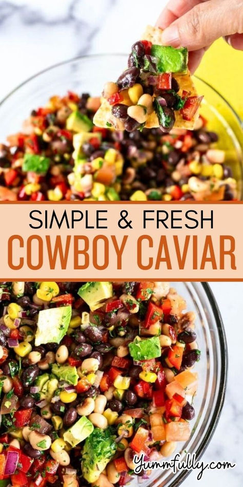 Cowboy Caviar can be served as a dip or as a side salad. Tomatoes, avocados, beans, and corn are bathed in a zesty dressing for a healthy and delicious meal. Whether you eat it with a fork or with chips, you’ll get a burst of amazing flavor and texture in every bite! Cowboy Caviar Dip Recipe, 2024 Party, Beans And Corn, Cowboy Caviar, Fast Dinner Recipes, Thanksgiving Cooking, Best Appetizer Recipes, Dip Recipes Easy, Easy Healthy Meal Prep