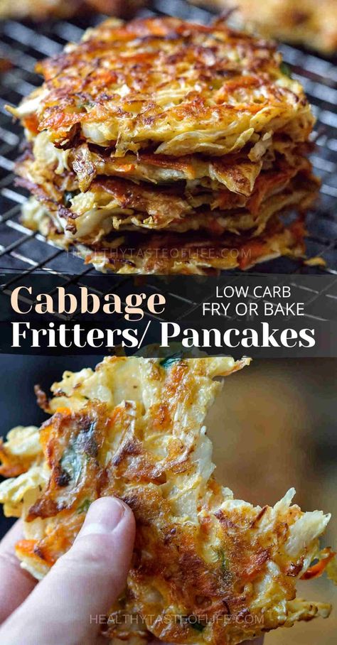 Cabbage fritters, cabbage pancakes or cabbage patties they all have similar ingredients. This cabbage fritter recipe features fresh vegetables battered with egg and a touch of flour, yielding a golden brown top once fried. Flavored with herbs and spices these cabbage fritters can be enjoyed as side dish or appetizer. Serve these vegetable pancakes warm or cold. #cabbagefritters #cabbagepancakes #cabbagepatties #healthy #friedcabbage #cabbageappetizer #Okonomiyaki #vegetablepancakes Cabbage Patties, Cabbage Fritters, Fried Cabbage Recipes, Cabbage Recipes Healthy, Baked Cabbage, Vegetable Pancakes, Fritter Recipes, God Mat, Cabbage Recipes