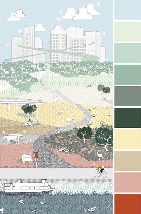 Landscape Color Pallete, Landscape Color Palette Colour Schemes, Architectural Diagram Color Palette, Architectural Color Scheme, Colour Palette For Portfolio, Urban Planning Color Palette, Color Pallete Architecture Presentation, Architecture Poster Color Palette, Site Plan Color Palette