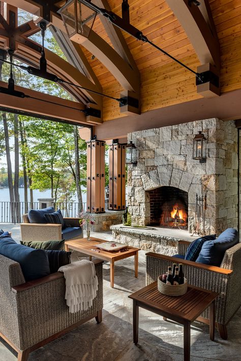 Mediterranean Lake House, East Coast Lake House, Lakeside House Interior, Montana Lake House, Stone Lake House, Adirondack Lake House, Pergula Ideas, Red Bathroom Ideas, Woodsy House