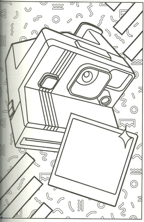 Polaroid coloring page. I have one of these cameras I use often. Camera Coloring Page, 90s Coloring Pages, 90s Doodles, Hippie Coloring Pages, 80s Coloring, Coloring Wall, Aesthetic Coloring Pages, Adult Coloring Books Printables, Trippy Designs