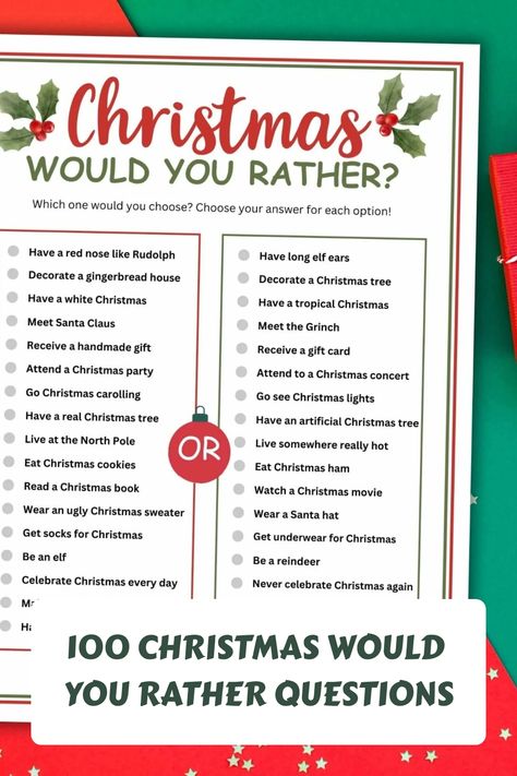 These Christmas Would You Rather questions are a fun way to get everyone talking over the holiday period with 100 Would You Rather Christmas Edition questions. Would You Rather Questions For Kids Christmas, Elf Would You Rather, Holiday Would You Rather For Kids, Would You Rather Questions Christmas, Winter Would You Rather For Kids, Winter Would You Rather, Would You Rather Christmas Edition, Christmas Would You Rather Questions, Would You Rather Christmas