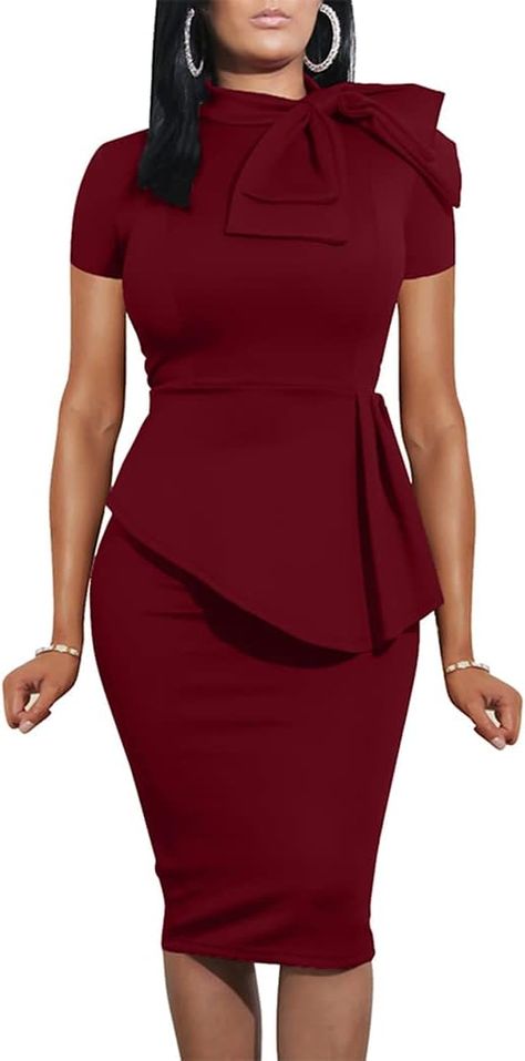 Amazon.com: LAGSHIAN Office Party Dress, Peplum Designs, Corporate Dress, Afrikaanse Mode, Knot Dress, Affordable Dresses, Sophisticated Dress, Dress With Tie, One Piece Dress