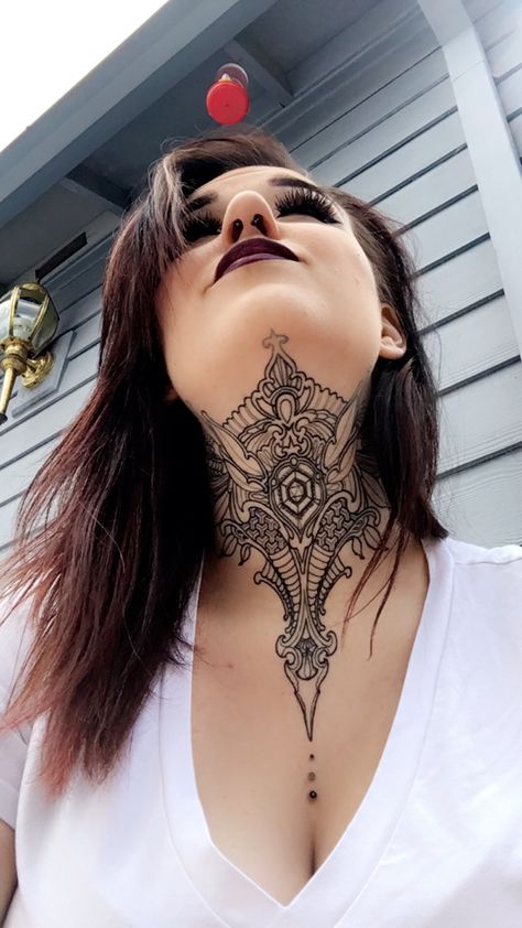 Womans Throat Tattoo, Women's Throat Tattoos, Neck And Chin Tattoos, Viking Neck Tattoos Women, Female Throat Tattoo Ideas Mandala, Neck Jawline Tattoo, Cat Throat Tattoo, Throat Piece Tattoo, Full Front Neck Tattoos Women