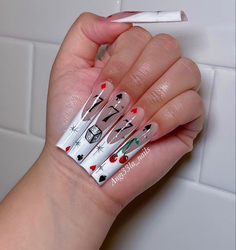 Poker Theme Nails, Casino Acrylic Nails, Poker Card Nails, Casino Nails Designs 777, Jackpot Nails, Card Acrylic Nails, Card Nails Acrylic, Lucky Nails Design, Ace Of Spades Nails