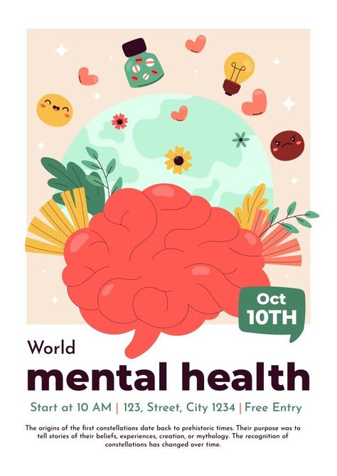 World Mental Day Poster Design, Wellbeing Poster Design, World Mental Heath Day, Health Day Poster, Post Malone Congratulations, World Happiness Day, Wellness Week, Beer Festival Poster, Charity Poster