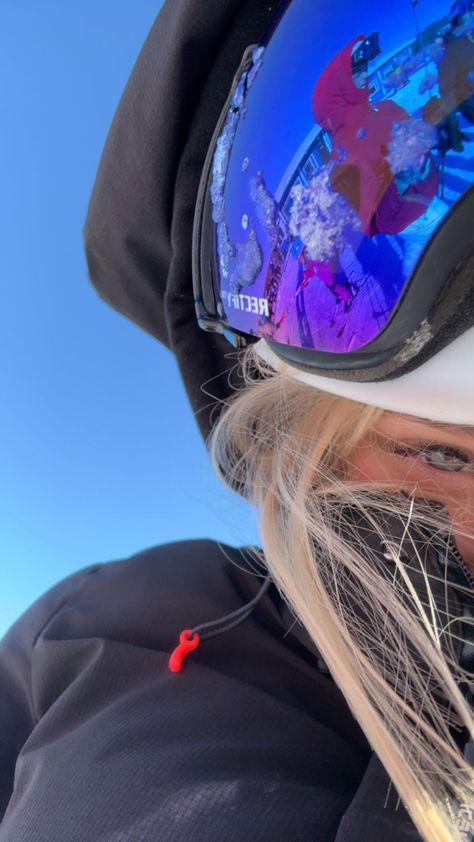 Skiing, Ski goggles, blonde hair, blue eyes Ski Goggles Aesthetic, Snowboarding Fits, Skiing Hairstyles, Goggles Aesthetic, Ski Hair, Snowboarding Mountains, Skiing Goggles, Ski Fits, Ski Pictures