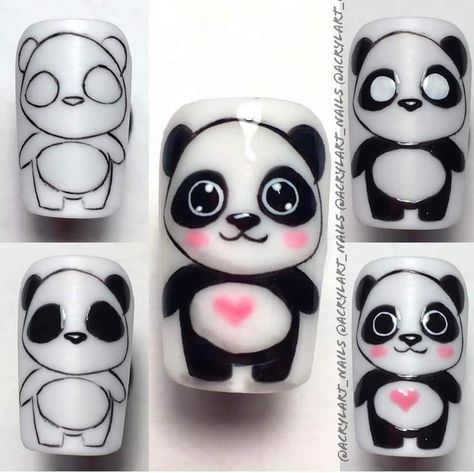 Cartoon Character Nails Step By Step, Panda Nail Art Design, Cute Bear Nails, Cartoon Nail Art Designs, Panda Nail Art, Beginner Nail Designs, Cartoon Nail Designs, Animal Nail Designs, Cartoon Nail Art