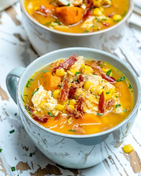 Chicken Sweet Potato Chowder, Sweet Potato And Chicken Soup, Sweet Potato Corn Chowder, Crockpot Chowder, Cozy Soups, Chicken Chowder, Potato Corn Chowder, Chicken Corn Chowder, Potato Chowder