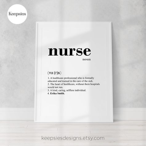 Personalised nurse gift definition gift poster print. This custom nurse gift is a thoughtful gift for a newly qualified nurse in their new job or following their special graduation. The design of this nurse present features the dictionary definition of a nurse and is personalised with their name. All designs ©KeepsiesDesigns #keepsiesdesigns #nursegift #giftfornurse #newjobgift #newjob #graduation #graduationgift #qualifiednurse #personalisedprint #personalisedgift #nursegiftidea #nurse Nurse Definition, Definition Poster, Nurse Graduation, New Job Gift, Nurse Graduation Gift, Gift Poster, Nursing Graduation, Healthcare Professionals, New Job