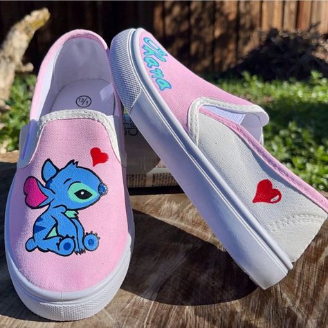 Stitch Painted Shoes, Hand Painted Shoes Diy, Canvas Shoes Diy, Hand Painted Vans, Stitch Shoes, Painted Shoes Diy, Light Pink Background, Painted Canvas Shoes, Painted Vans