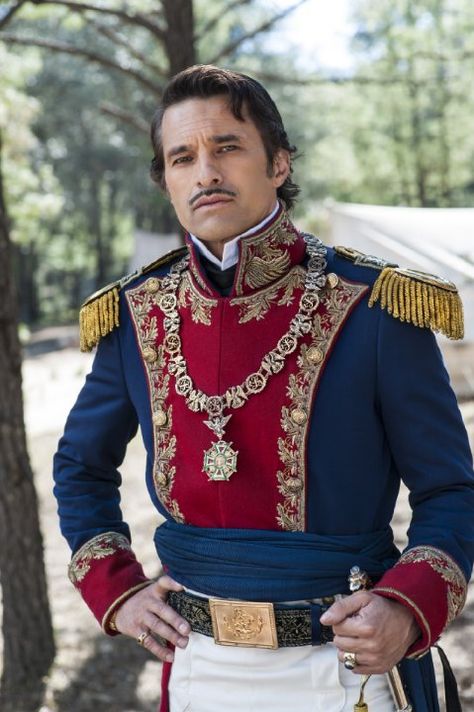 Texas Rising (2015), Santa Anna commanding the Mexican forces Mexican Army Uniforms, Fantasy Uniforms Military, Texas Rising, Spanish Napoleonic Uniforms, Olivier Martinez, Texas Revolution, Merry Widow, Mexican Army, Military Inspired Jacket