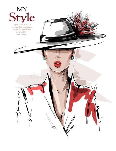 Drawing Hats, Woman In Hat, Fashion Illustration Face, Makeup Illustration, Fashion Illustration Collage, Fashion Figure Drawing, Woman Sketch, Elegant Girl, Woman Illustration