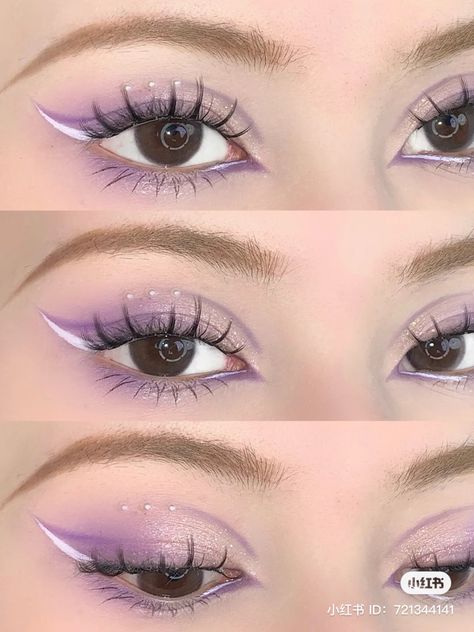 Purple And White Eyeliner, Purple And White Makeup Looks, Purple Soft Makeup, Korean Purple Makeup, Light Purple Eyeshadow Looks, Pastel Purple Makeup, Purple Douyin Makeup, Light Purple Makeup Looks, Soft Purple Makeup