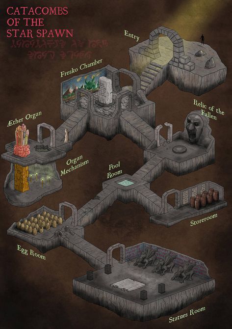 Catacombs of the Star Spawn by Sapiento Dungeon Map, Isometric Map, Map Layout, Game Map, Dnd World Map, Map Ideas, Arte Grunge, Dungeons And Dragons Classes, Tabletop Rpg Maps