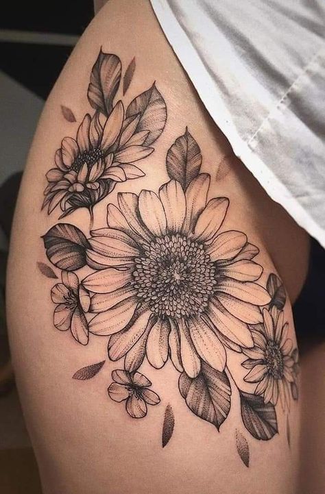 Sunflower Tattoo Thigh, Side Hip Tattoos, Remove Tattoo, Arm Sleeve Tattoos For Women, Horoscope Tattoos, Full Arm Tattoos, Beautiful Flower Tattoos, Hip Tattoos Women, Back Of Shoulder Tattoo