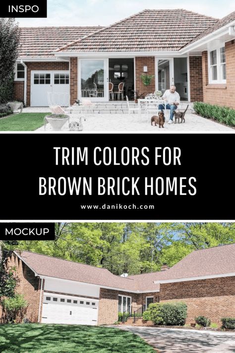 Paint Colors For Brown Brick House, Trim Color For Brown Brick House, Roof Colors For Brown Brick House, Accent Colors For Brick Exterior, Brown Brick Trim Colors, Exterior Paint Colors With Brown Brick, Brown Brick House Exterior Makeover, Painting Brown Brick Exterior, Paint Colors That Go With Brown Brick