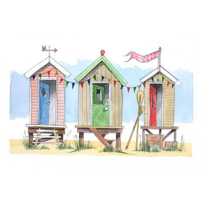 Beach Huts - a high quality print Hut Sketch, Beach Huts Art, British Beaches, Seaside Art, British Seaside, Building Drawing, Beach Illustration, Diy Watercolor Painting, Beach Huts