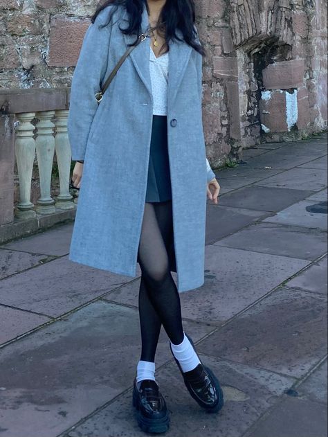 Wool Tights Outfit Winter, Coats With Skirts Outfit, Trench Coat And Skirt Outfit Winter, Grey Coat Outfit Aesthetic, Grey Pleated Skirt Outfit Winter, Long Coat And Skirt Outfit, Light Grey Wool Coat Outfit, Gray Overcoat Outfit Women, Grey Coat Outfit Fall