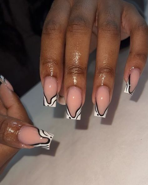 Medium Abstract Nails, Abstract Tip Nails, Abstract French Tip Nails Square, Cute Abstract Nails, Abstract Lines Nails, Abstract Square Nails, Reception Nails, French Tips Nails With Design, Medium Freestyle Nails