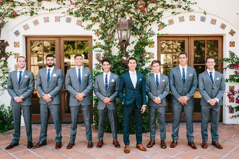 Wedding Party Photos Grey Suits, Navy And Grey Groomsmen, Grey Suit Blue Tie, Dark Grey Groomsmen, Groomsmen Attire Grey, Navy Blue Groomsmen, Navy Blue Groom, Blue Groomsmen Suits, Groom Blue Suit