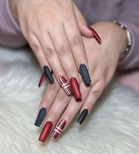 Red matte chrome, black sweater, red plaid, square , acrylic Black And Red Holiday Nails, Christmas Nails Red And Black, Red Plaid Christmas Nails, Black Sweater Nails, Red And Black Christmas Nails, Black And Red Christmas Nails, Plaid Christmas Nails, Cali Nails, Red Matte Nails