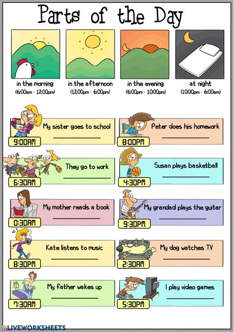 Parts of the day interactive and downloadable worksheet. You can do the exercises online or download the worksheet as pdf. Elementary English Worksheets, Activities For Elementary, Elementary English Activities, Times Of The Day Worksheet, Elementary School Worksheets, Days Worksheet, Activities In English, Activity Worksheets For Kids, Day Activities