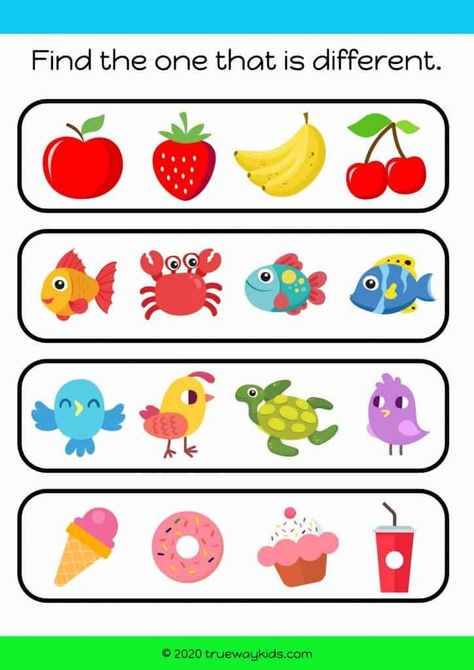 Odd one out. Worksheet for kids - Free to print. Find the object that is different to the rest. Find The Differences Worksheet, Different Objects Worksheet, Find Odd One Out Worksheet, Find The Way Worksheet For Kids, Find The Odd One Out Worksheet, Odd One Out Worksheet For Kids, Find The Odd One Out, Odd One Out, Odd One Out Worksheet