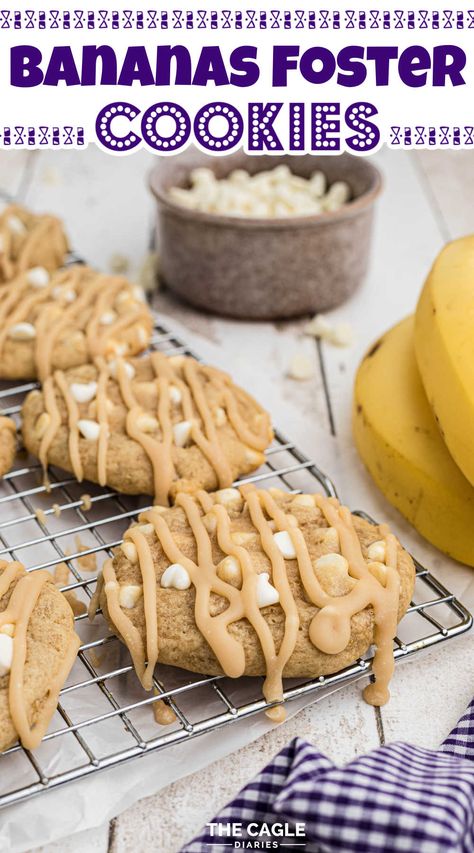 Bananas Foster Cookies are simple to make and give you all the flavors of the New Orleans classic dessert - Bananas Foster. A soft cookie with banana flavors, and rum. Bananas Foster Cake, Banana Boat Recipe, Banana Foster Recipe, Peanut Butter Banana Cookies, Banana Foster, Famous Desserts, Banana Cookies, Bananas Foster, Baking Recipes Cookies