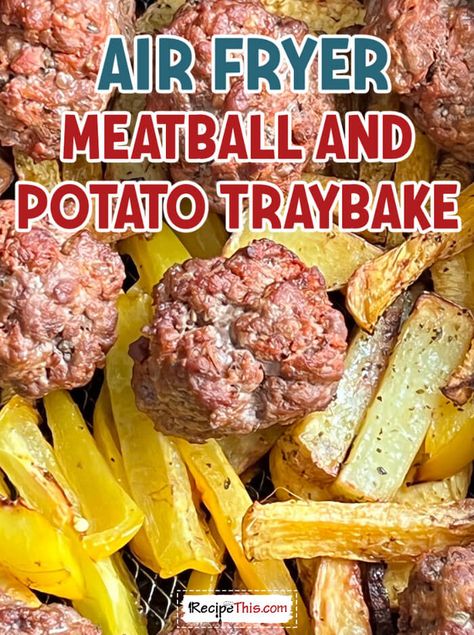 Air Fryer Meatball & Potato Traybake Meatball And Potatoes, Meatball Potato, Meatballs In Air Fryer, Potatoes In The Air Fryer, Air Fryer Meatballs, Air Fryer Cooking Times, Tray Bake Recipes, How To Cook Meatballs, Meatball Ingredients