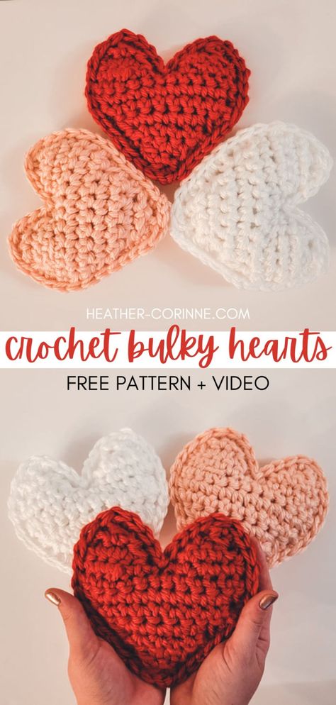 Pinterest graphic for the Crochet Bulky Heart Plush Pillows free pattern plus video at heather-corinne.com. Crochet Zig Zag, Free Heart Crochet Pattern, Heart Crochet Pattern, Crocheted Hearts, Crochet Quotes, Crochet Valentine Patterns, Crochet Hearts, Heart Plush, Heart Crochet