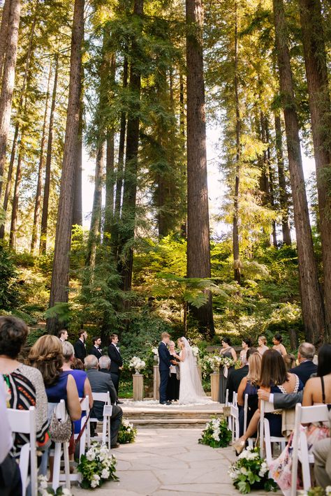 Venue: Nestldown - Los Gatos, CA  Photographer: Ginny Silver Redwood Wedding Ceremony, Nestldown Wedding, Wedding Locations California, Redwood Wedding, Young Wedding, Tropical Wedding Flowers, White Bridal Bouquet, Northern California Wedding, Forest Theme