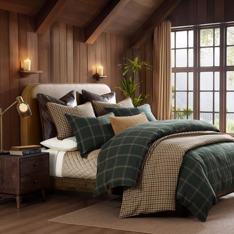 Lodge Aesthetic, Rustic Bedding Sets, Plaid Comforter, Plaid Bedding, Cotton Comforter Set, Dining Table Accessories, Windowpane Plaid, Rustic Bedding, Cotton Comforters