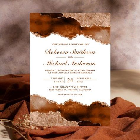 Invite your guests with this elegant wedding invite featuring a beautiful gemstone design with faux glitter accents. Simply add your event details on this easy-to-use template to make it a one-of-a-kind invitation. Brown Wedding Themes, Marble Wedding Invitation, Brown Wedding Invitations, Marble Invitation Wedding, Orange Terracotta, Burnt Orange Weddings, Wedding Canvas, Rustic Autumn, Marble Wedding