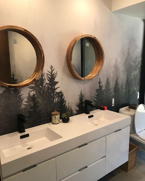 Peel and Stick Wallpaper on Instagram: “@makingastonehome used our Misty Forest Wall Mural in her bathroom. The mirrors that she chose really tie in the entire theme. ⁠ ⁠ ⁠ .⁠ .⁠…” Bathroom Decor Apartment Themes, Bathroom Forest, Forest Bathroom, Bathroom Wall Mural, Bathroom Mural, Wallpaper Bathroom, Forest Mural, Forest Wall Mural, Bathroom Images