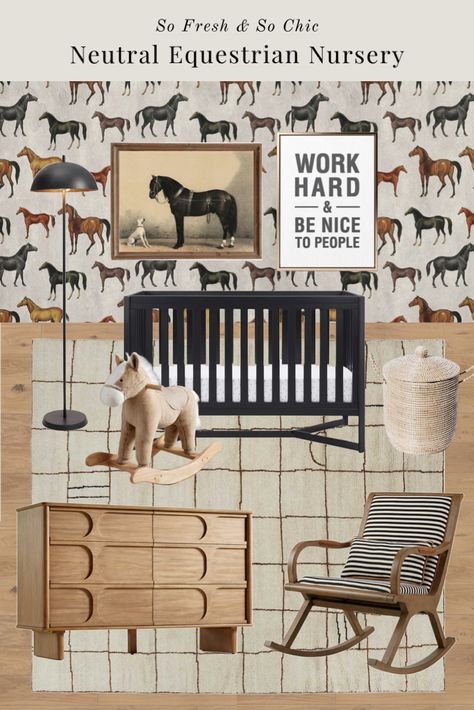 Equestrian Themed Nursery, Vintage Horse Nursery, Horse Nursery Girl, Horse Themed Nursery, Rodeo Nursery, Horse Nursery Theme, Black Crib Nursery, Equestrian Nursery, Neutral Nursery Design