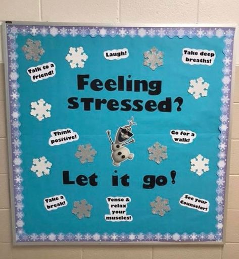 Winter Bulletin Boards For College, Frozen Theme Office Decor, Winter High School Bulletin Boards, Counselor Christmas Bulletin Board, Social Work Christmas Door, Winter Counselor Bulletin Boards, Winter Sel Bulletin Boards, New Years Bulletin Board Ideas For Work, Christmas Door Decorating Contest Mental Health