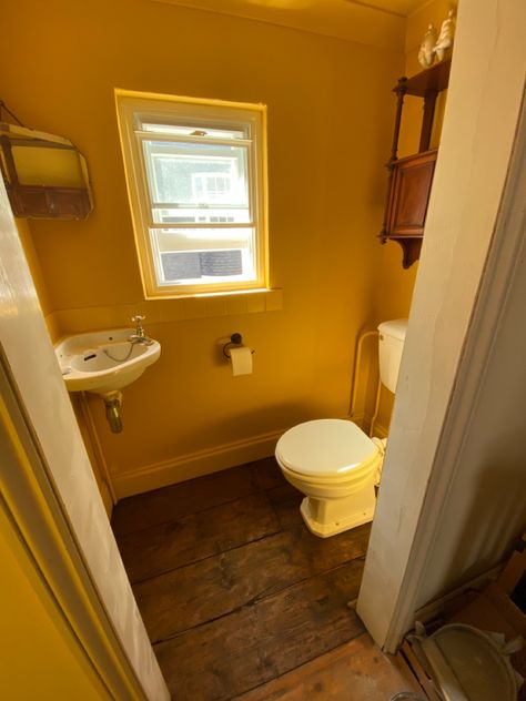 Yellow Cloakroom, Yellow Bathroom Walls, Pink Toilet, Yellow Bathrooms, Utility Room, Little Greene, Bathroom Wall, Bathroom Interior, House Interior