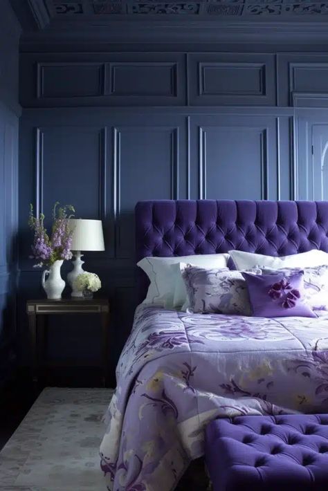 headboard and footstool Navy And Lilac Bedroom, Navy And Purple Bedroom, Blue And Purple Bedroom Ideas, Blue And Purple Bedroom, Purple Headboard, Purple Accent Walls, Purple Bedroom Ideas, Purple Bedspread, Purple Bedroom Decor