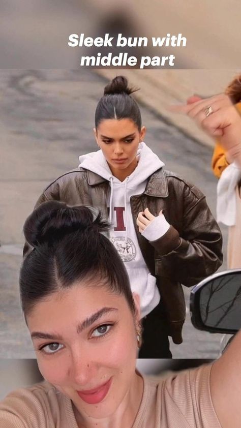 Easy sleek bun with middle part Kendall Jenner inspired in 2022 | Sleek bun, Bun hairstyles for long hair, Bun hairstyles Bun With Middle Part, Hairstyles Kendall Jenner, Sleek Back Hair, Sleek Bun Hairstyles, Kendall Jenner Hair, Jenner Hair, Sleek Bun, Romantic Hairstyles, Curly Hair Styles Easy