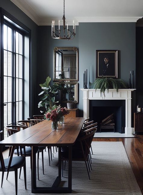 Moody Dining Room With Wainscotting, Moody Small Dining Room, Moody Modernism Living Room, Moody Victorian Dining Room, Dark Victorian Dining Room, English Colonial Style Interiors, Victorian Terrace Dining Room, Modern Victorian Dining Room, Modern Victorian Dining Room Kitchen & Dining Tables