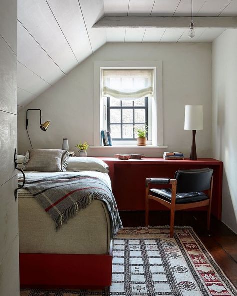 bedroomdesk • Instagram Hudson Valley Homes, Stone Farmhouse, Old Fireplace, Teenage Room, Red Bedding, Bed Desk, Spare Room, Stone House, Hudson Valley