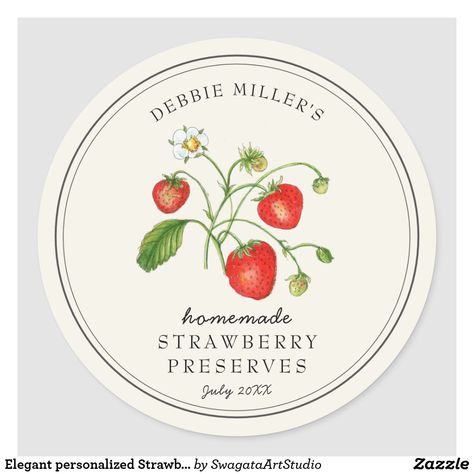 Strawberry Jam Label, Jar Sticker Design, Vintage Jam Jar, Round Sticker Design, Preserves Labels, Jam Labels, Label Produk, Watercolor Strawberry, Jam Packaging