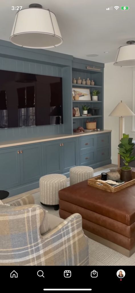 Blue Living Room Built Ins, Basement Family Room Built Ins, Oak Feature Wall, Game Room Cabinets, Bonus Room Storage Ideas Built Ins, Basement Family Room With Fireplace, Upstairs Media Room Ideas, Kids Media Room Ideas, Blue And White Basement