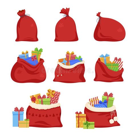 Santa Bag Illustration, Santa Sack Illustration, Origami Work, Presents Illustration, Christmas Gift Drawing, Santa Drawing, Creepy Santa, Gifts Boxes, Santa Toys