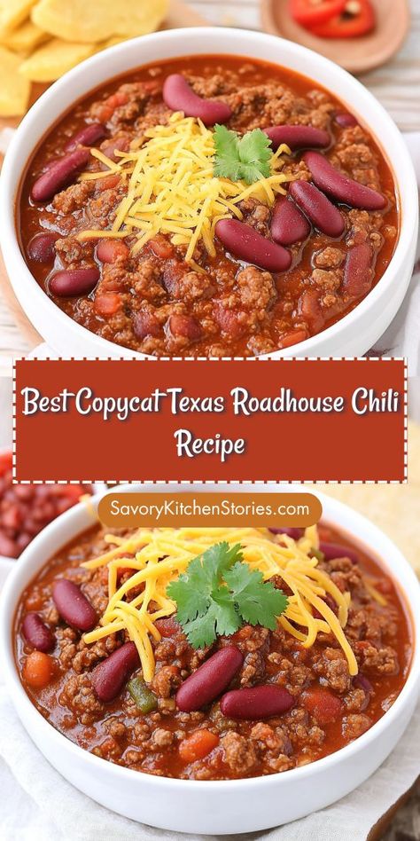 Savor the Flavors! Dive into the rich, smoky goodness of our Best Copycat Texas Roadhouse Chili Recipe. Perfectly seasoned with spices and hearty ingredients, this dish brings the restaurant experience right to your kitchen. Ideal for game day or cozy nights in, it’s sure to be a crowd-pleaser! Best Hearty Chili Recipe, Roadhouse Chili Recipe, Texas Roadhouse Chili Recipe, Crockpot Fall Recipes, Texas Roadhouse Recipes, Texas Chili Recipe, Beef And Beans, Chili Seasoning Recipe, Hearty Chili Recipe