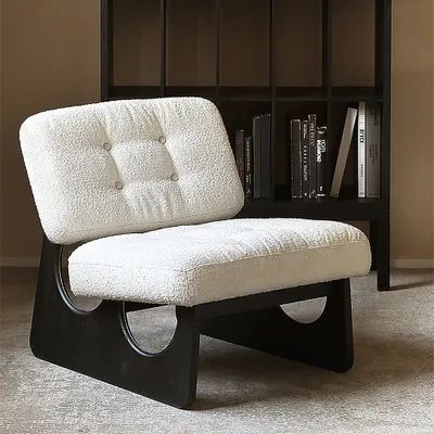 Japandi Boucle Lounge Chair White & Black Accent Chair Ash Wood Upholstery Boucle Lounge, Contemporary Living Room Chairs, Black Accent Chair, Wood Lounge Chair, Living Room Upholstery, Comfortable Lounge, Chair White, White Chair, Cutout Design