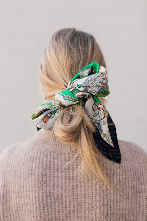 How to tie a chic Hermes scarf bow in your hair // silk scarf hair inspiration // The Girl Guide // Stephanie Trotta Hermes Hair Scarf, Twilly In Hair, Hermes Scarf In Hair, Hermes Scarf Hair, Silk Scarf Accessory, Silk Scarf Handbag, Stephanie Trotta Style, French Scarf Style Summer, Hermes Twilly Hair